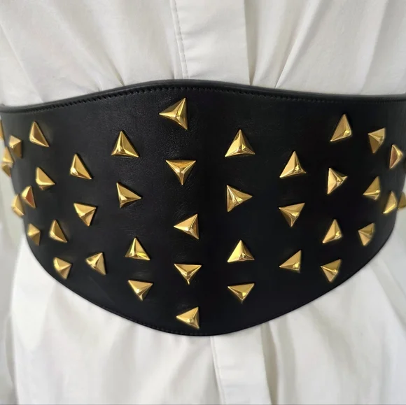 Nwot Saint Laurent Paris Black LeatherBelt w/ Gold Studs Size M Italy